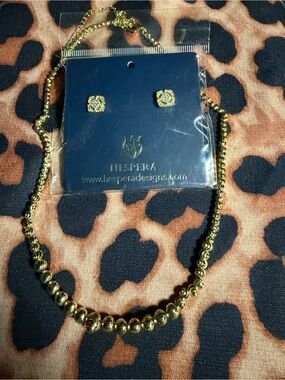 Hespera Gold Beaded Necklace with Crystal Stud Earrings